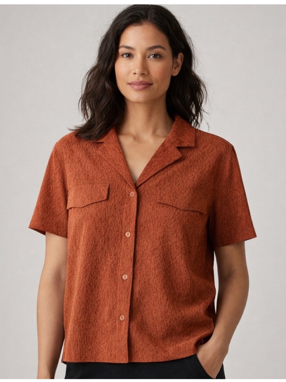 Athleta Echo Short-Sleeve Button Front Top in Rust